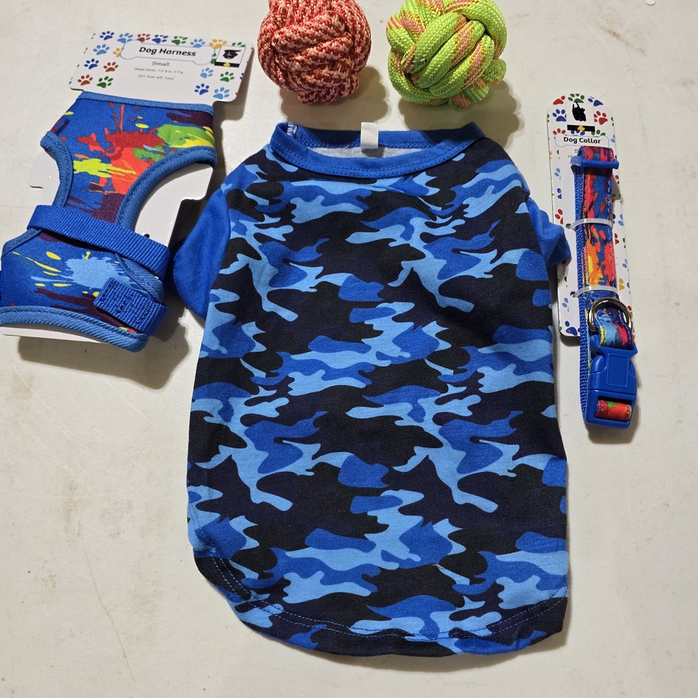 Blue Camouflage Dog Shirt, Collar, And Harness, Size SMALL
